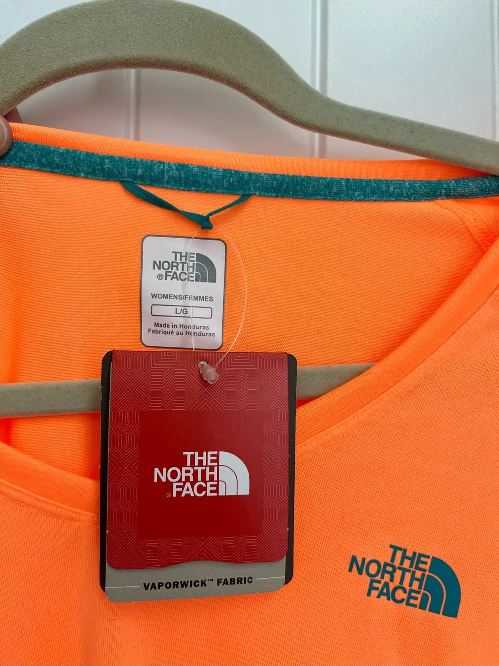 The North Face size Large womans performance tee shirt- tangerine with teal - Picture 2 of 5